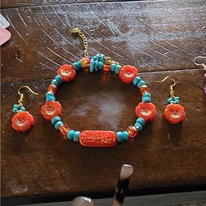 Floral Orange and Turquoise Jewelry Set
